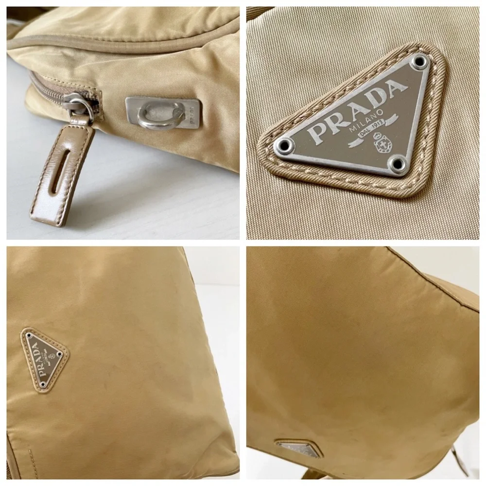 Prada tan Tessuto sport nylon triangle logo small zip tote bag